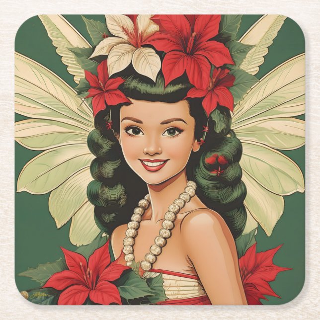 Retro 50er Tropical Christmas Princess Rechteckiger Pappuntersetzer (Vorderseite)