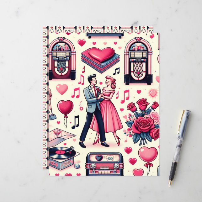 Retro 50er Valentine Scrapbook Paper (Vorderseite/Rückseite Beispiel)