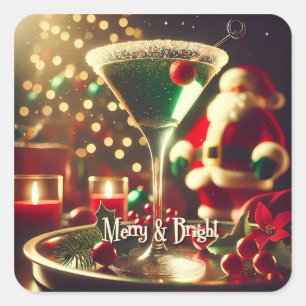 Retro 50er Weihnachtsmann-Christmas-Green-Martini Quadratischer Aufkleber