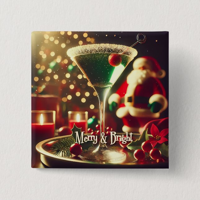 Retro 50er Weihnachtsmann Christmas Grüner Martini Button (Vorderseite)