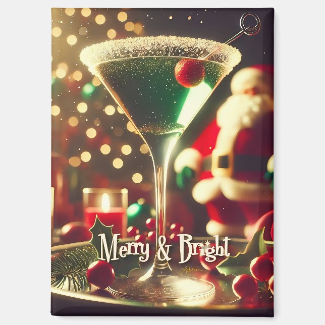 Retro 50er Weihnachtsmann Christmas Grüner Martini Magnet (Vorderseite)