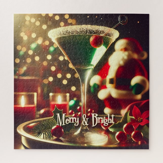 Retro 50er Weihnachtsmann Christmas Grüner Martini Puzzle (Vertikal)