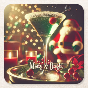 Retro 50er Weihnachtsmann Christmas Grüner Martini Rechteckiger Pappuntersetzer