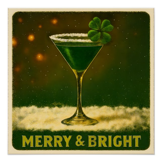 Retro 50s 4 Leaf Clover Irish Christmas Martini Poster (Vorderseite)