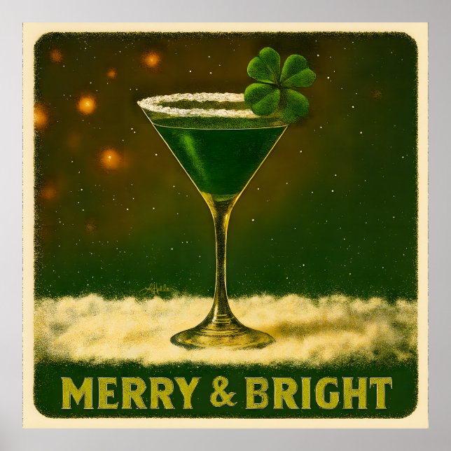 Retro 50s 4 Leaf Clover Irish Christmas Martini Poster (Vorne)