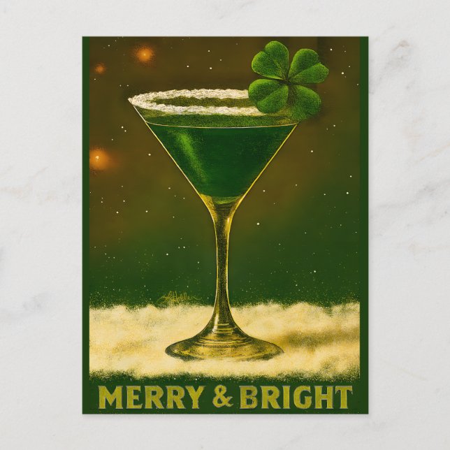 Retro 50s 4 Leaf Clover Irish Christmas Martini Postkarte (Vorderseite)