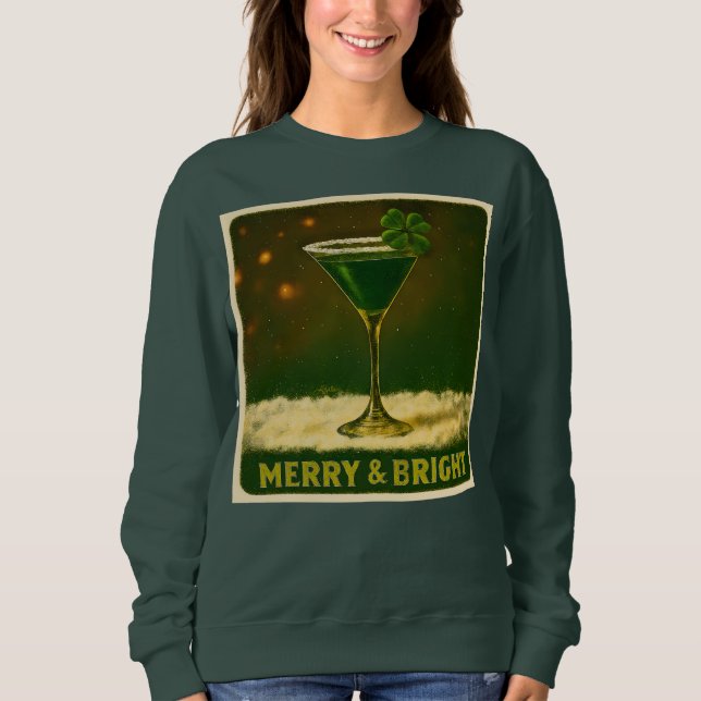 Retro 50s 4 Leaf Clover Irish Christmas Martini Sweatshirt (Vorderseite)