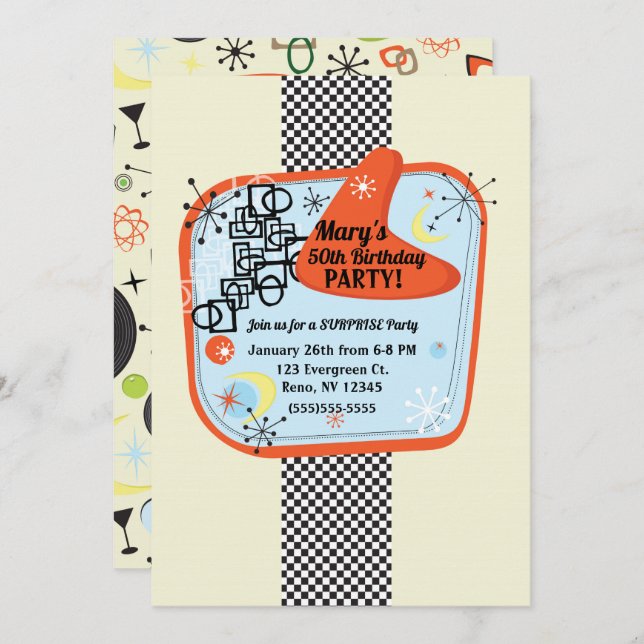 Retro 50's 60er Vintage Geburtstagsparty Einladung (Vorne/Hinten)