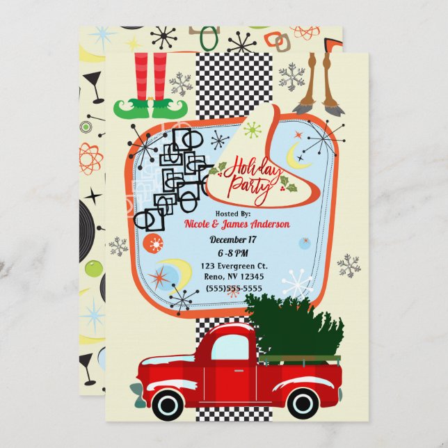 Retro 50's 60's Vintage Weihnachtsfeier Einladung (Vorne/Hinten)