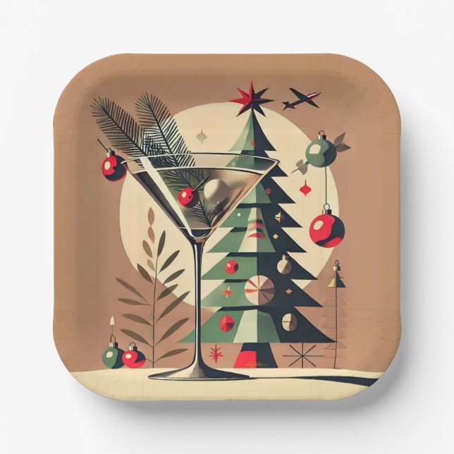 Retro 50s Jet Set Christmas Tree Martini Pappteller (Vorderseite)