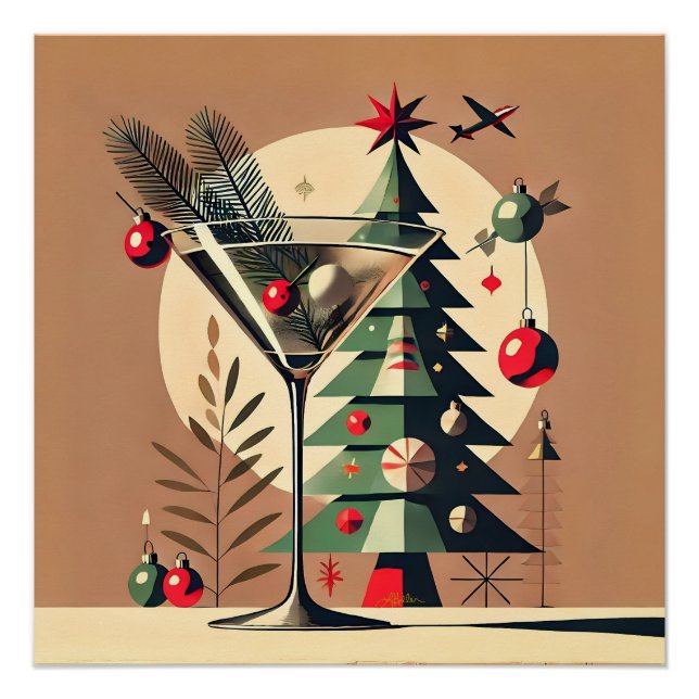 Retro 50s Jet Set Christmas Tree Martini Poster (Vorderseite)