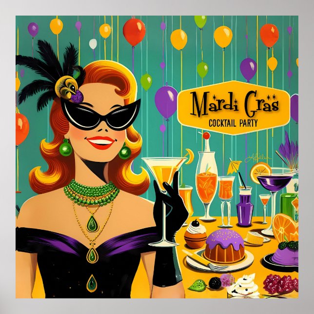 Retro 50s Mardi Gras Cocktail Party Poster (Vorne)