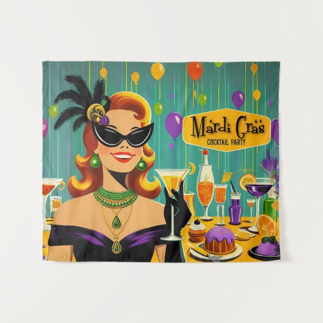 Retro 50s Mardi Gras Cocktail Party Wandteppich (Vorderseite (Horizontal))