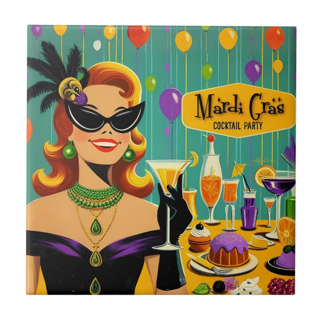 Retro 50s Mardi Gras Martini Cocktail Party Fliese (Vorderseite)