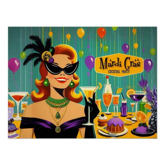 Retro 50s Mardi Gras Martini Cocktail Party Poster (Vorderseite)
