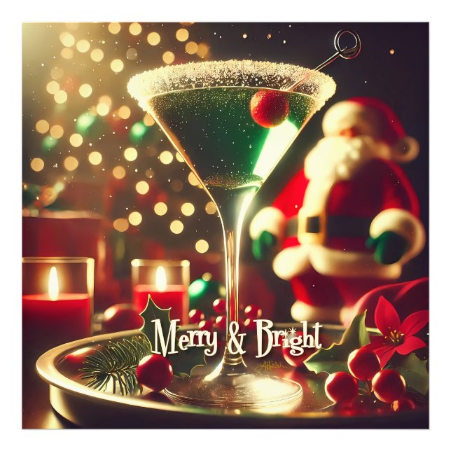 Retro 50s Santa Christmas Green Martini Fotodruck (Vorne)