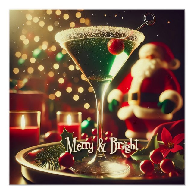 Retro 50s Santa Christmas Green Martini Poster (Vorderseite)