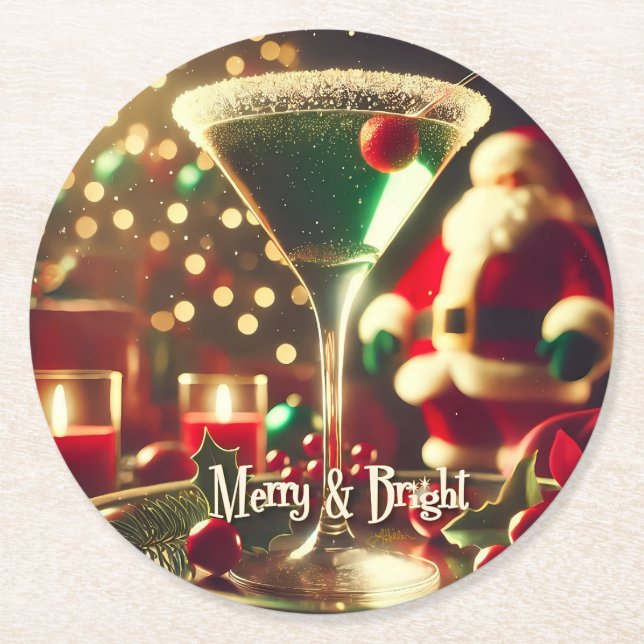 Retro 50s Santa Christmas Green Martini Runder Pappuntersetzer (Vorderseite)
