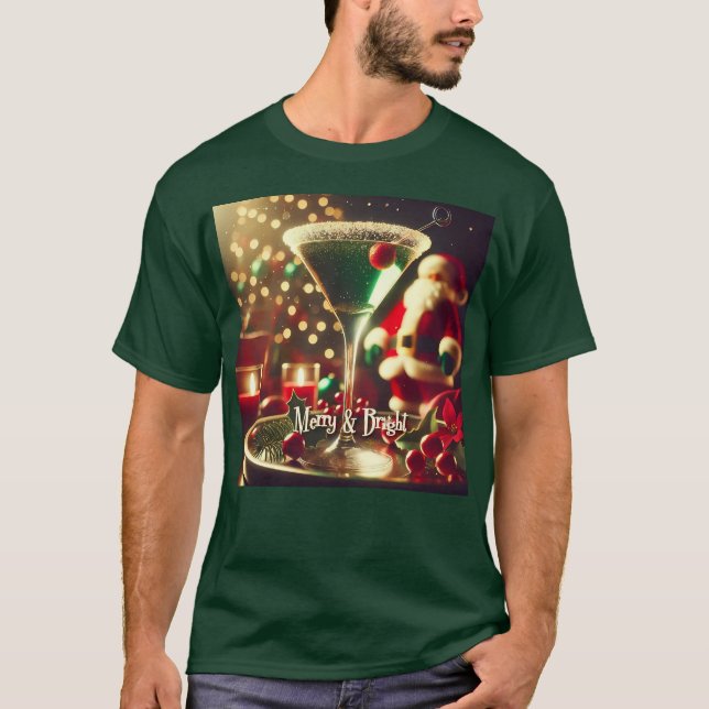 Retro 50s Santa Christmas Green Martini T-Shirt (Vorderseite)