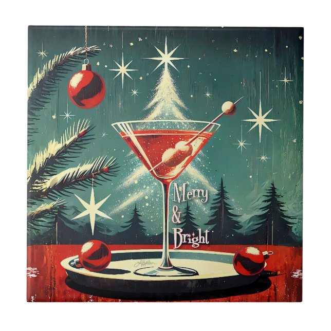 Retro 50s Snow Flurry Christmas Tree Martini Fliese (Vorderseite)