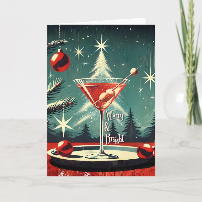 Retro 50s Snow Flurry Christmas Tree Martini Karte (Vorderseite)