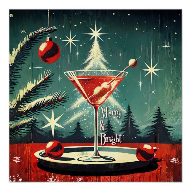 Retro 50s Snow Flurry Christmas Tree Martini Poster (Vorderseite)