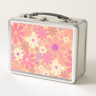 Retro 60er 70er Ästhetik Rosa Blumenmuster Metall Brotdose