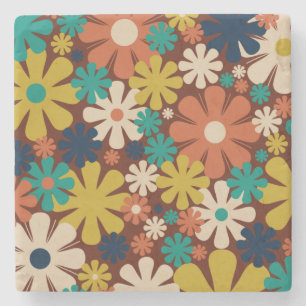 Retro 60er 70er Ästhetische Blumenmuster Square Steinuntersetzer