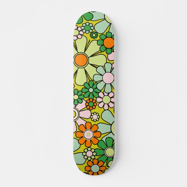 Retro 60er 70er Blume Grünes Blumenmuster Skateboard (Vorne)