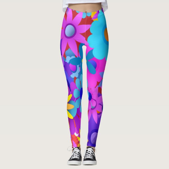 Retro 60er 70er Blume Muster Leggings (Vorderseite)