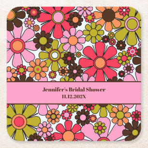 Retro 60er 70er Floral Brautparty Rechteckiger Pappuntersetzer