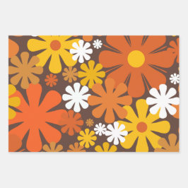 Retro 60er 70er Floral Muster Brown und Orange Geschenkpapier Set