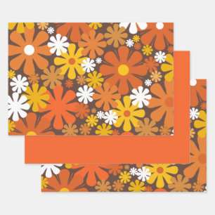 Retro 60er 70er Floral Muster Orange und Braun Geschenkpapier Set