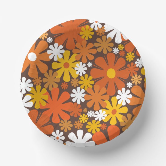 Retro 60er 70er Floral Muster Orange und Braun Pappteller (Vorderseite)
