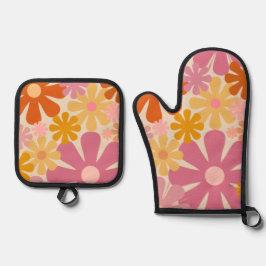 Retro 60er 70er Groovy Floral Muster Ofenhandschuh & Topflappen-Set