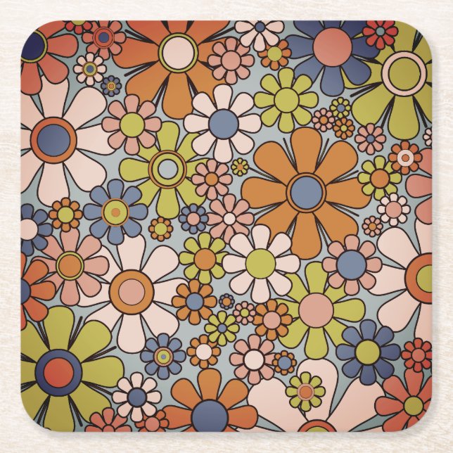 Retro 60er 70er Groovy Floral Rechteckiger Pappuntersetzer (Vorderseite)