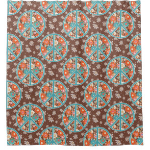 RETRO 60er 70er Hippy Blumen Frieden Zeichen Braun Duschvorhang