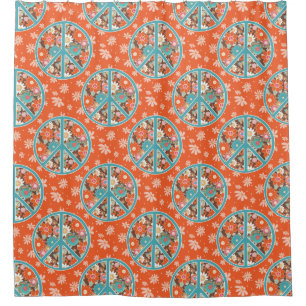 RETRO 60er 70er Hippy Blumen Friedenzeichen Orange Duschvorhang
