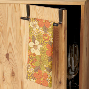 Retro 60er/70er Jahre Orange und Olivgrün Floral Geschirrtuch