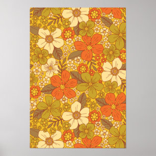 Retro 60er/70er Orange/Olive Green Floral Poster
