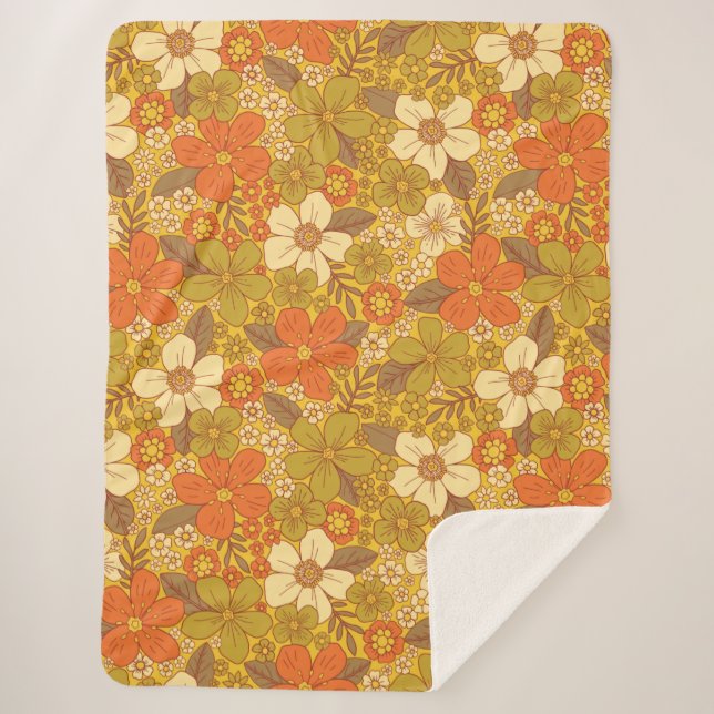 Retro 60er/70er Orange/Olive Green Floral Sherpadecke (Vorderseite)