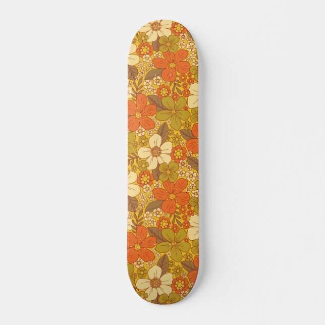 Retro 60er/70er Orange/Olive Green Floral Skateboard (Vorne)