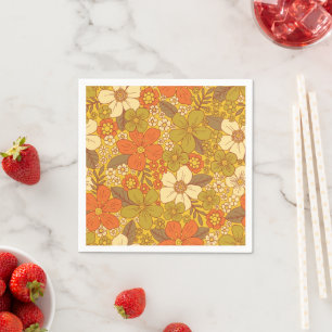 Retro 60er/70er Orange und Olivgrün Blumenmuster Serviette