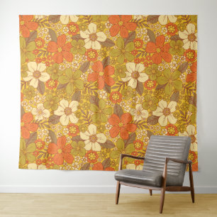 Retro 60er/70er Orange und Olivgrün Blumenmuster Wandteppich