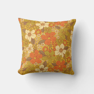 Retro 60er/70er Orange und Olivgrün floral Kissen