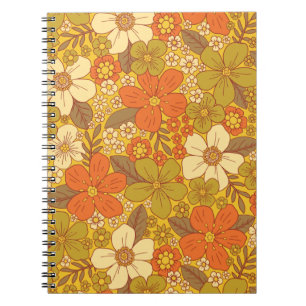 Retro 60er/70er Orange und Olivgrün floral Notizblock