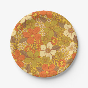 Retro 60er/70er Orange und Olivgrün floral Pappteller