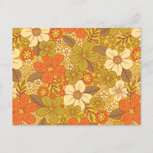Retro 60er/70er Orange und Olivgrün Floral Postkarte