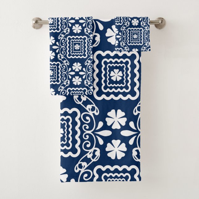 Retro-60er blaue Blumenmuster Badhandtuch Set (Insitu)