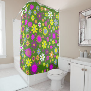 Retro 60er Blume Grün Gelb Lila Blumendesign Duschvorhang